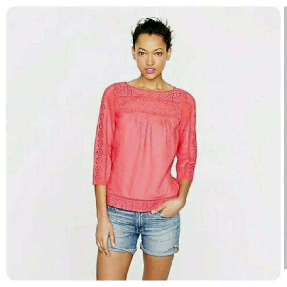 J.Crew Linen‎ Eyelet Peasant Blouse | Coral Orange Boho Top | Women’s Small